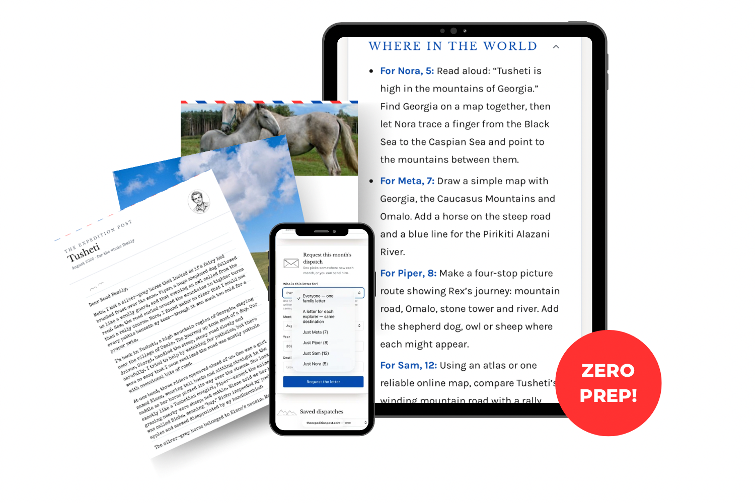 Sample Membership spread with a letter, destination photos, and conversation prompts for multiple ages