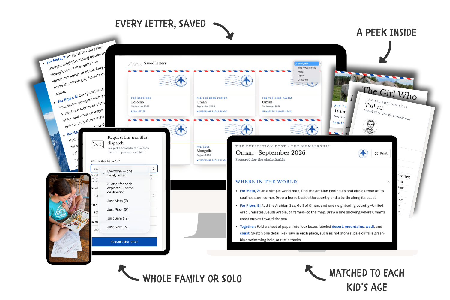 Every letter saved in the member portal, with previews matched to each child's age