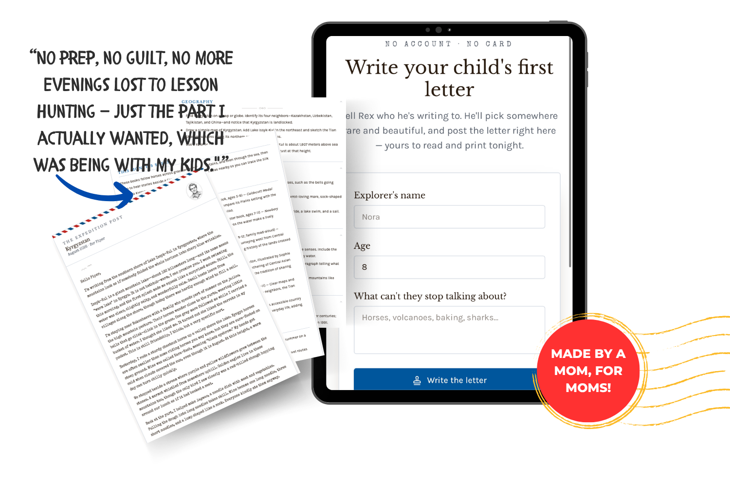 A sample Rex Wilder letter on a tablet beside the steps: one family account, tell Rex about your kid, a letter arrives from somewhere rare, open it together and go
