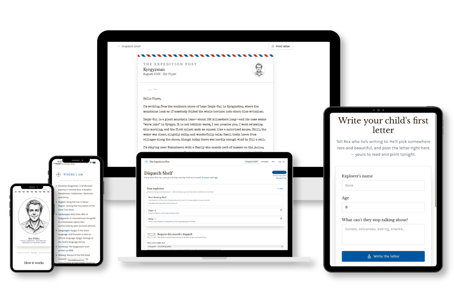 The Letter Shelf member portal shown on a desktop, laptop, tablet and phone with a sample Rex Wilder letter